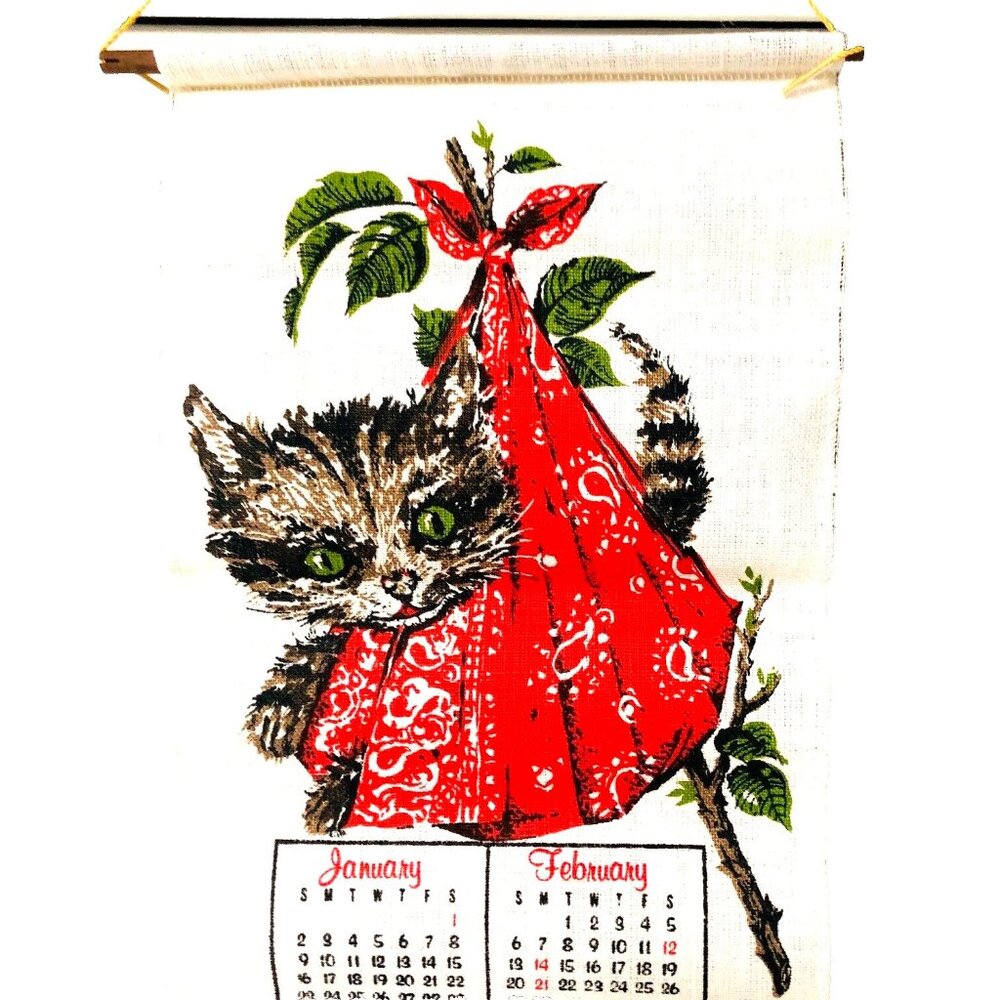 VTG 1977 Linen Kitten Kitty Calendar Dowel Hanger Cigarette‎ Ad NIB Farm Country
